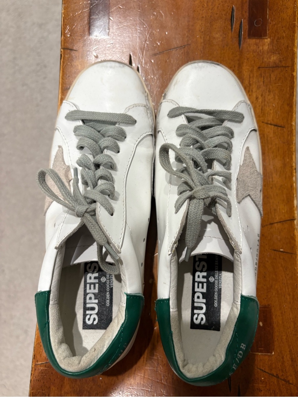 Golden Goose White Leather Sneakers with Gray Star and Green Heel